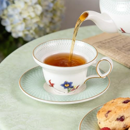 KAMMAK Tea Cups Set of 2,Ceramic Floral Pattern Demitasse Cup | Porcelain Espresso Cup with Saucer, 5.92 oz Handmade Elegant Bone China Tea Cups for Latte, Americano, Cappuccino - color: Ode to Spring (A.Green+B.Yellow)