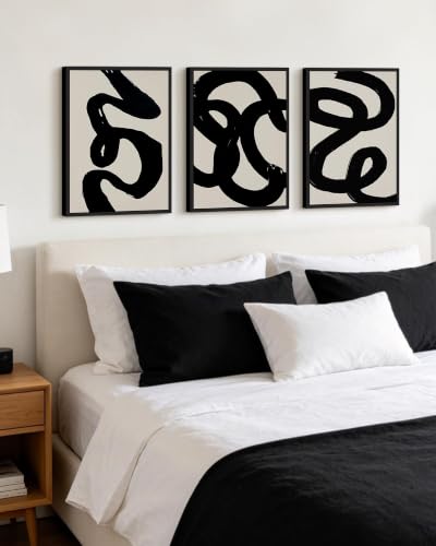 PHOPAGO Black Abstract Modern Framed Wall Art Ink Wash Minimalist Thick Black Lines Paints Artwork Bedroom Living Room Home Decor - 12x16in Black Framed - color: Black Ink Wash, size: 16L" x 12W" x 3 Pcs Black