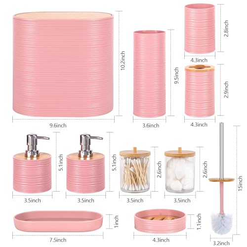 10 PCS Pink Bathroom Accessories Set with Trash Can Bathroom Accessory | All-in-One Kit with Trash Can,Toothbrush Holder,Soap Dispenser,Toothbrush Cup,Vanity Tray,Soap Dish,Toilet Brush etc for Home - color: Pink