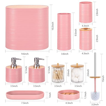 10 PCS Pink Bathroom Accessories Set with Trash Can Bathroom Accessory | All-in-One Kit with Trash Can,Toothbrush Holder,Soap Dispenser,Toothbrush Cup,Vanity Tray,Soap Dish,Toilet Brush etc for Home - color: Pink