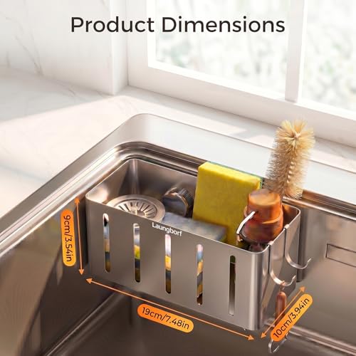 Kitchen Sink Sponge Holder, Gray (1 Pack) | Rustproof carbon steel with fast drainage holes. 2 hooks & 4 adhesive pads. No-drill square caddy for flat wall or ledge - size: Square Kitchen Sink Sponge Holder