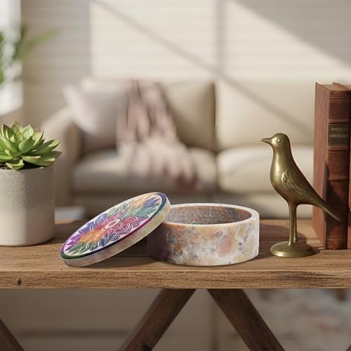 Ajuny Small Jewelry Box Handmade Marble Soapstone Mandala Trinket Holder | Handcarved Round Container for Rings, Keepsakes, Dresser Accent, Shelf Display, and Gifting 3 x 3 x 1.2 inch