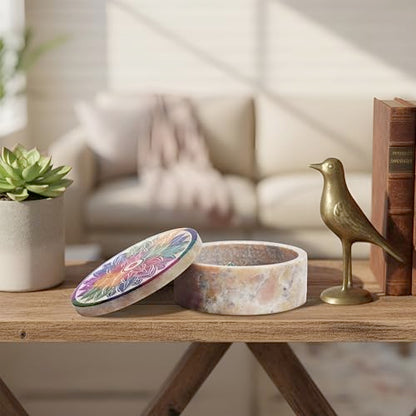 Ajuny Small Jewelry Box Handmade Marble Soapstone Mandala Trinket Holder | Handcarved Round Container for Rings, Keepsakes, Dresser Accent, Shelf Display, and Gifting 3 x 3 x 1.2 inch