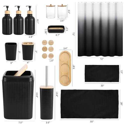 32PCS Bathroom Set Bathroom Accessories with Shower Curtain and Bath Towel,Trash Can,Bathroom Decor,Black Shower Curtain Set,Toilet Brush,Trash Can & 3PCS Soap Dispenser - size: Bath Set+Shower Curtain+Towel Set, style: Black