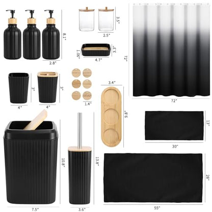 32PCS Bathroom Set Bathroom Accessories with Shower Curtain and Bath Towel,Trash Can,Bathroom Decor,Black Shower Curtain Set,Toilet Brush,Trash Can & 3PCS Soap Dispenser - size: Bath Set+Shower Curtain+Towel Set, style: Black