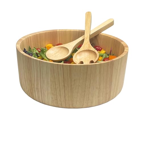 Woodard & Charles Rubberwood 11" Salad Bowl with Servers, 3 Piece Set | Wood Salad Bowl with 10" Matching Servers; Serve Salad, Fruit, Popcorn and Chips and More. Great for Everyday Use or Parties - size: 11" x 4" Rubberwood Bowl with Servers
