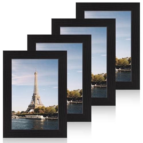 iRahmen 6x9 Picture Frame Set of 4, Black Frame with High Definition Glass, Wood Rustic 6 x 9 Photo Frames for Horizontal or Vertical Table Top and Wall Mounting - color: Black Woodgrain, size: 6X9