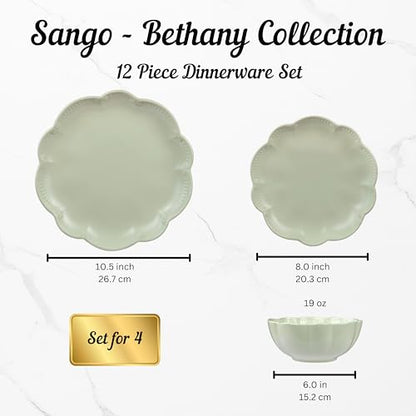 Sango 12 Pieces Scalloped Dinnerware Set, Sage Green Dishes for 4, Premium Serving Plates & Bowls Sets, Chip Resistant, Ceramic Dishware, Kitchen Dish, Microwave & Dishwasher Safe, Bethany - color: Sage Green, size: 12-Piece Set