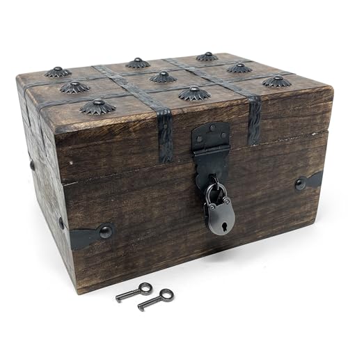 Treasure Chest Wooden Box with Antique Iron Lock and Skeleton Key (Small 8x6x4.5) - Storage and Decor – Pirate Keepsake Chest, Decorative Storage Box with Hinged Lid - size: Small 8 x 6 x 4.5"