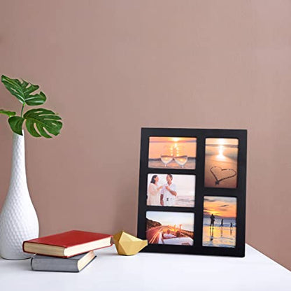 4x6 5-Opening Collage Picture Frame Black Wood | 5 openings, shatter-resistant glass, tabletop/wall mount, for 4x6 photos - size: 4x6 - 5 Opening