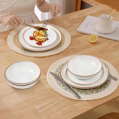 Herogo Stoneware Dinnerware Sets, 12 Piece Dinner Dishes Set for 4, Ceramic Plates and Bowls Dishware, Tableware Includes Dinner Salad Plates, Soup Bowls, Microwave & Dishwasher Safe, Pearl White - color: Pearl White, size: 4 Set (12pcs)