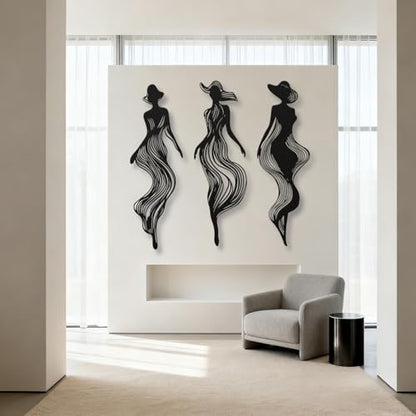 XXQ Abstract Women Silhouette Metal Wall Art Set of 3 – Modern Line Art Decor for Living Room, Bedroom, Hallway, or Studio Walls (Black, 30" x 9" / 76 x 24 cm) - size: 30L" x 9W"