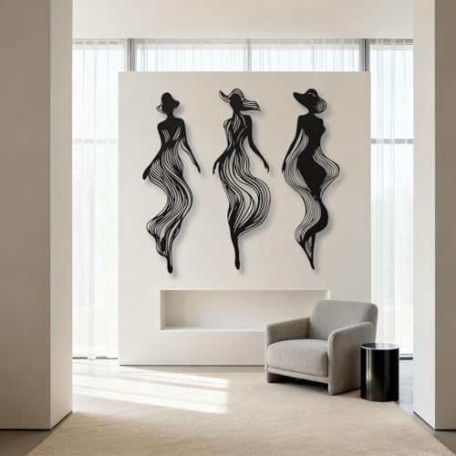 XXQ Abstract Women Silhouette Metal Wall Art Set of 3 – Modern Line Art Decor for Living Room, Bedroom, Hallway, or Studio Walls (Black, 53" x 17" / 135 x 43 cm) - size: 53L" x 17W"