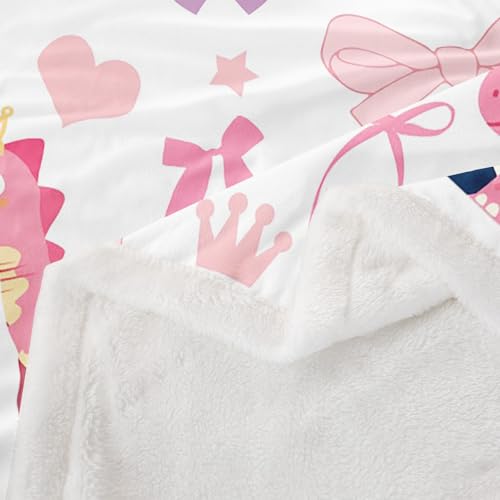 Cute Dino Kids Fleece Blanket,Kawaii Bowknot Heart Princess Style Throw Blanket for Adult,Pink Blue Dinosaur Cartoon Animal Lightweight Polyester Sofa Sherpa Blanket, Queen (90 x 90 Inch) - color: 01 White Pink, size: Queen