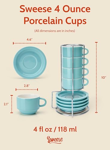 Sweese 4 Ounce Porcelain Stackable Espresso Cups with Saucers and Metal Stand Set of 4, Turquoise - color: Turquoise, size: 4 Ounces