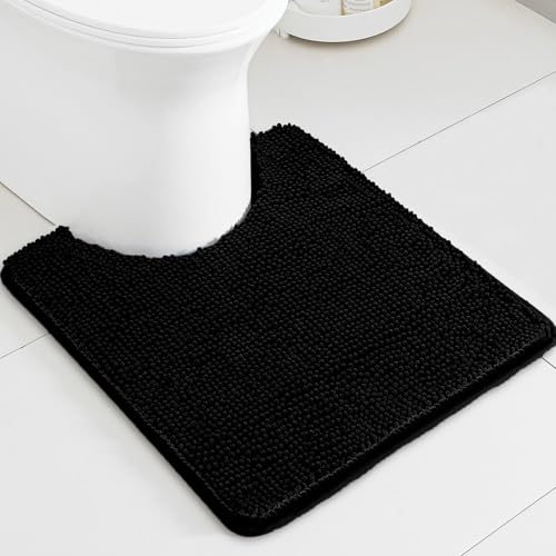 Black Toilet Rug U Shaped – Absorbent and Washable Contour Bathroom Rugs for Toilet, Non-Slip, Thick Soft Chenille Contoured Bath Mat - 20" x 24" - color: Black, size: 20"x24" Contour Rug
