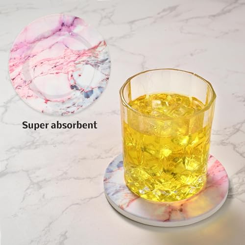 Cute Pink Marble Coasters Set of 4, 4 Inch Office Aesthetic Absorbent Drink Coasters for Women - color: Pink Marble