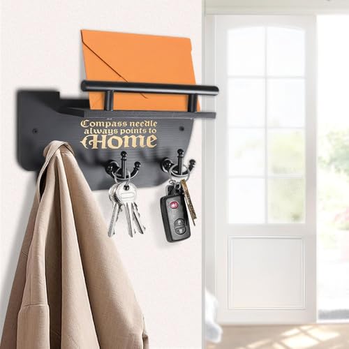 Picowe Wall Mounted Mail and Key Holder, Wooden Black Ship Style with 3 Anchor Hooks for Entryway, Farmhouse Wall Organizer for Mail & Keys