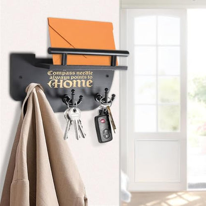Picowe Wall Mounted Mail and Key Holder, Wooden Black Ship Style with 3 Anchor Hooks for Entryway, Farmhouse Wall Organizer for Mail & Keys