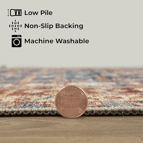 GLN Rugs Bohemian - Jerusalem - Machine Washable Area Rug, Boho Washable, Non Slip, Low Pile Chenille Area Rug, Entryway, Hallway, Kitchen Rug - Easy Clean (3' x 5' Terra/Slate Blue) - color: Terra/Slate Blue, size: 3' x 5' (Rectangular)