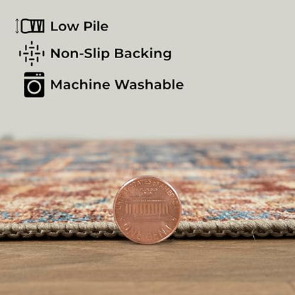 GLN Rugs Bohemian - Jerusalem - Machine Washable Area Rug, Boho Washable, Non Slip, Low Pile Chenille Area Rug, Living Room, Bedroom, Kitchen Rug - Easy Clean (9' x 12' Terra/Slate Blue) - color: Terra/Slate Blue, size: 9' x 12' (Rectangular)