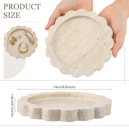 5.5 Inch Small Travertine Stone Tray Marble Jewelry Dish Trinket Tray for Women, Perfume, Coffee Table(Round,Scallop) - style: Round，Scallop