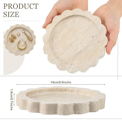 5.5 Inch Small Travertine Stone Tray Marble Jewelry Dish Trinket Tray for Women, Perfume, Coffee Table(Round,Scallop) - style: Round，Scallop