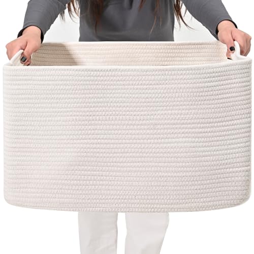 ICERZCZ Large Rectangle Blanket Basket, Large Storage Basket, Cotton Rope Woven Baskets for Storage with Handles, Toy Baskets for Baby Nursery Living Room Bedroom, 22”x17”x12”, White, 75L - color: White, size: 22”x17”x12”