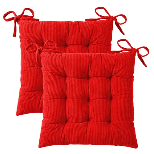 HLOVME Corduroy Chair Cushion with Ties Ultra Soft Warm Floor Cushion for Kids Reading Nook Comfortable Square Seat Cushion for Adult 15.7”x15.7” Set of 2, Bright red - color: Bright Red, size: 2 Count (Pack of 1)