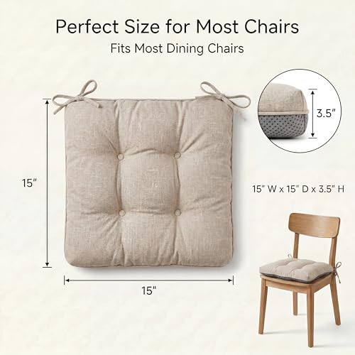 Chair Cushions for Dining Chairs Set of 4, 15.5" x 15.5" x 3.5" Kitchen Chair Cushions with Ties, Upgraded Silicone Non-Slip Bottom, Premium Shredded Memory Foam Chair Pads, Oatmeal - color: Oatmeal