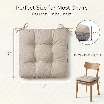 Chair Cushions for Dining Chairs Set of 4, 15.5" x 15.5" x 3.5" Kitchen Chair Cushions with Ties, Upgraded Silicone Non-Slip Bottom, Premium Shredded Memory Foam Chair Pads, Oatmeal - color: Oatmeal
