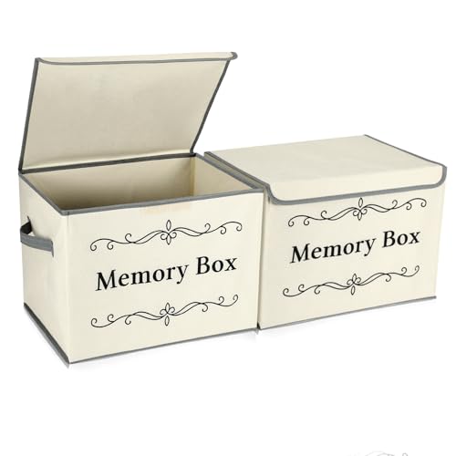 LemonRoad 2Pcs Memory Box Keepsakes for Kid Memory Decorative Storage Box Bin with Lid for Baby Wedding Travel Birthday Anniversary Precious Milestones Gift Loved Ones Treasured 16x12x12''(Ecru) - color: Ecru