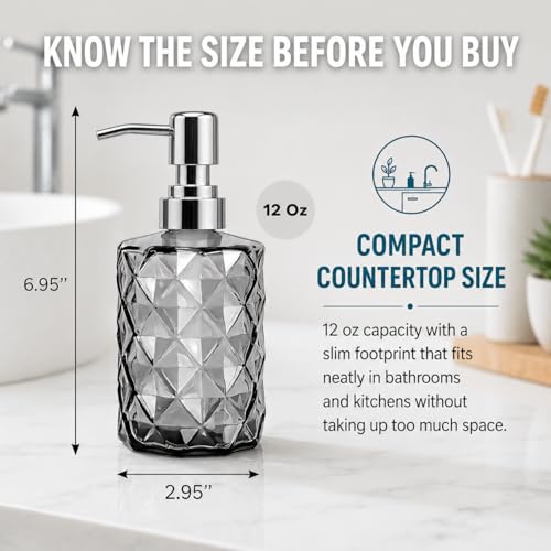 LGURT 12oz Black Glass Soap Dispenser, Stainless Steel Non-Drip Pump | Diamond-cut prism finish like crystal. Semi-transparent black glass. For kitchen, bathroom, powder room countertops. - color: Clear Black