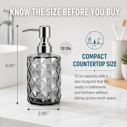 LGURT 12oz Black Glass Soap Dispenser, Stainless Steel Non-Drip Pump | Diamond-cut prism finish like crystal. Semi-transparent black glass. For kitchen, bathroom, powder room countertops. - color: Clear Black