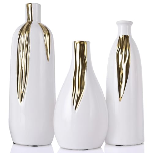 Ceramic Vase 3 Piece Set, White and Gold Vases for Home Decor, Decorative Vases for Mantel, Shelf and Entryway Decor, Dining Table Centerpieces, Living Rooms, Fireplaces and Kitchen Decor. - color: Wg-l