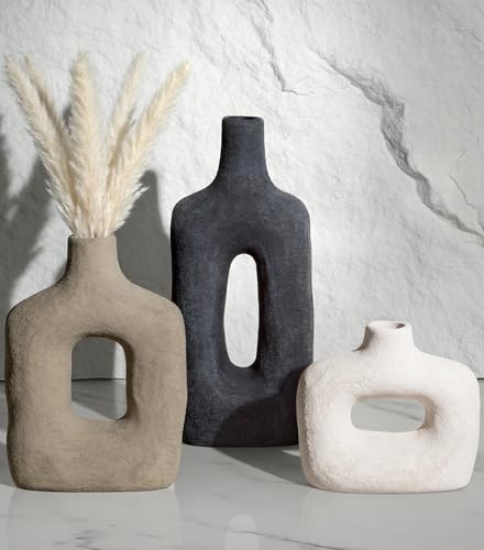 DREAMLOOM Ceramic Vase Set of 3, Black | Square Cutout, Farmhouse Rustic, Wabi-Sabi, Home Decor, Living Room Bedroom Kitchen Shelf Centerpiece - color: Antique Black Combo - Hollow Design