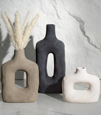 DREAMLOOM Ceramic Vase Set of 3, Black | Square Cutout, Farmhouse Rustic, Wabi-Sabi, Home Decor, Living Room Bedroom Kitchen Shelf Centerpiece - color: Antique Black Combo - Hollow Design