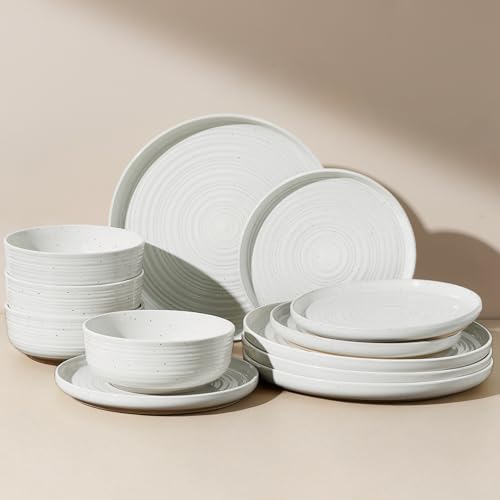 Stoneware Dinnerware Set for 4, Plates and Bowls, White | 12 pcs Speckled Spiral Coupe Dishes, Chip & Scratch Resistant Everyday Ceramics, Microwave & Dishwasher Safe, Farmhouse Style - color: White, size: Service for 4 (12pc)
