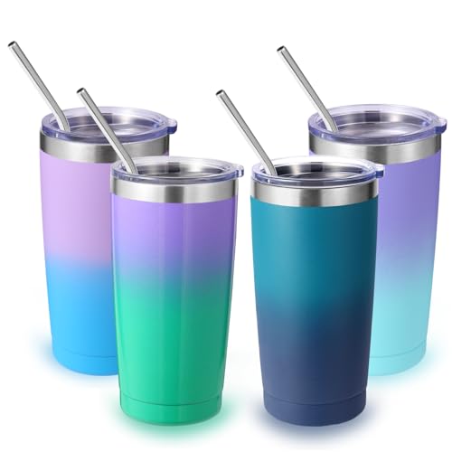 Volhoply 20oz Stainless Steel Tumbler with Lid and Straw Bulk 4 Pack,Double Wall Insulated Travel Iced Coffee Mug Fits Cup holder,Powder Coated Cups for Hot/Cold Drinks,Gifts for Women（Assorted,4 Set） - color: Assorted