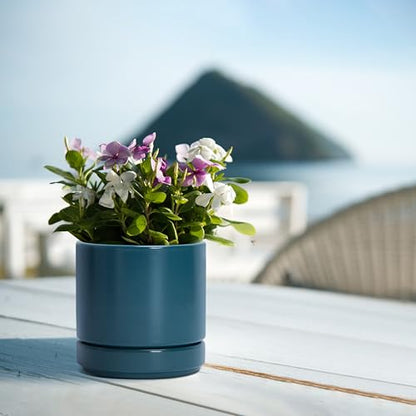 D'vine Dev 4-Pack Ceramic Pots with Saucers, Teal, 4.7 in, 94-X-B-9 | Glazed Ceramic, Drainage Hole and Saucer, Sleek Cylinder Shape, High Temperature Fired, Ideal for Small Houseplants - color: Teal, size: 4.7 Inch