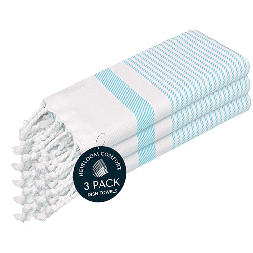 Aqua Blue Turkish Kitchen Towels 16x26 Inch, 3 Pack, 100% Cotton, Super Absorbent, Fast Dry, Machine Washable, Dish Towel with Tassels for Drying Dishes, Cleaning, Everyday Use - color: Aqua Blue, style: 3 Pack