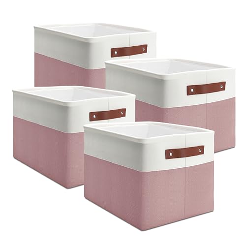 Basket Storage, 4 Pack of 15"x11"x9.5" Storage Bins for Cloth, Linen Fabric Basket with Handles for Home Decorative Organization - color: White / Pink
