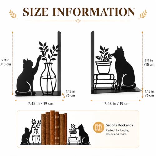 Decorative Cat Bookends, Metal Book Ends for Shelves - Cute Modern Cat Shape Bookend Holder for Bookshelf, Home Office Desk Decor, for Cat Lovers & Reading Enthusiasts