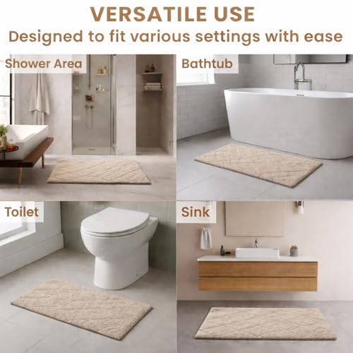 C23 20"x32" 100% Cotton Washable Bath Mat - 210 GSF Non-Slip Rug, Beige | Cushioned spa texture, reliable latex base grip, modern geometric aesthetic, perfect for master baths and guest rooms - color: Beige