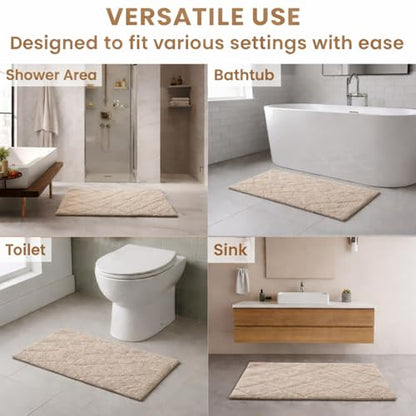 C23 20"x32" 100% Cotton Washable Bath Mat - 210 GSF Non-Slip Rug, Beige | Cushioned spa texture, reliable latex base grip, modern geometric aesthetic, perfect for master baths and guest rooms - color: Beige