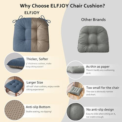 ELFJOY Dining Chair Cushions Set of 2 Non Slip 18"X18"X3" Light Blue | Thick,Textured Fabric, with Ties, Tufted, Large, for Kitchen, Dining Room, Indoor, Bedroom, Living Room, Office, Comfortable - color: Light Blue
