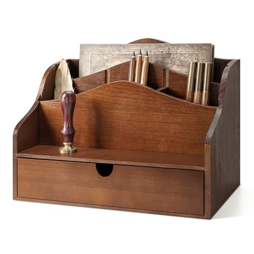 Rebee Vision Mail Organizer for Desk with 4-Slot Letter Home Decor, Brown | Pine Wood, Rustic Mail Holder, Drawer and Dividers, Desktop Organizer, Store Jewelry, Home Decor Aesthetic - color: A-Brown