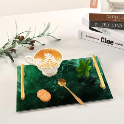 Dark Green Marble Acrylic Vanity Tray with Handles Non-Slip Decorative Bathroom Tray Jewelry Perfume Makeup Organizer for Dresser Kitchen Counter, 7.87 x 11.81 in
