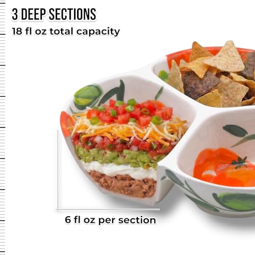 3-Compartment Ceramic Serving Dish, Handmade in Spain | 7.5” divided chip and dip bowl with lead-free glaze, microwave, oven and dishwasher safe, ideal for tapas, snacks and sauces - color: Orange Glow