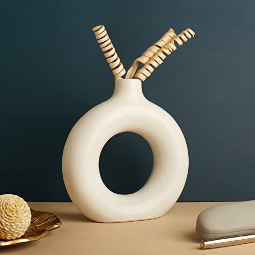 The Vintage Artefacts Donut White, Ceramic Pot And Vase Handcrafted, Round Shaped.+ Two Angular Wooden Stand .